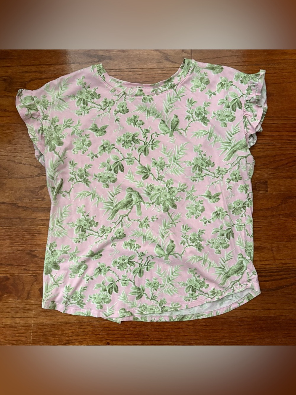 crown & ivy Pink Short Sleeve Top with Green Floral & Bird Print